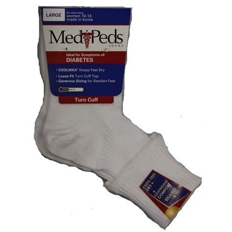 Medipeds Diabetic Light Weight Turn Cuff Socks 1 Pair, White, W10-13