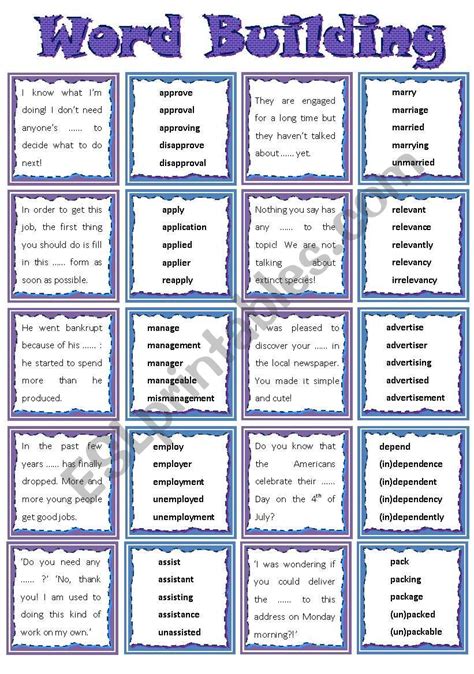 Word Building - Game cards (tips, key, editable) - ESL worksheet by gabitza