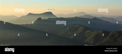 View from Ghale Ghaun, Annapurna Conservation Area, Nepal. Mountain ranges and hills at sunrise ...