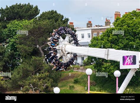 Thrill-seekers on the Axis ride in Adventure Island in Southend on Sea ...