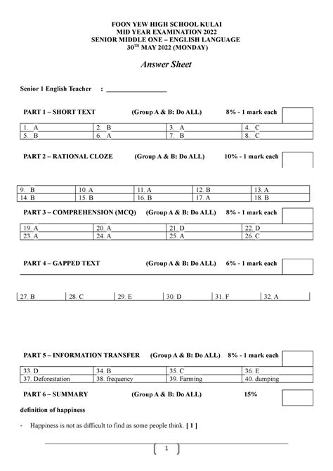 MID TERM English Senior 1 2022 Teacher Answers - FOON YEW HIGH SCHOOL ...