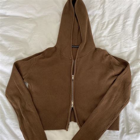 Brandy Melville Brown cropped hoodie double zip... - Depop