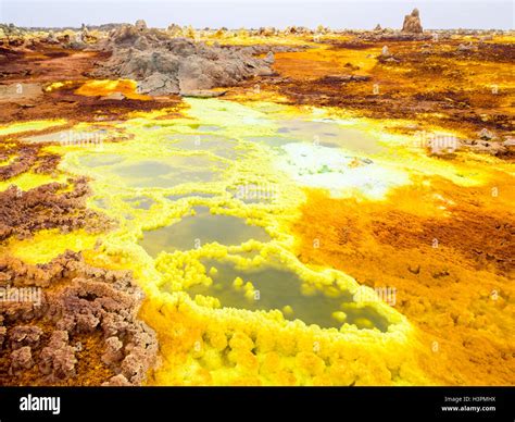 Sulphur lake Dallol in Danakil Depression, Ethiopia. The lake with its sulphur springs is the ...