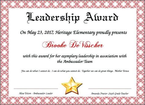 a certificate with a gold star on it and the words, leavership award