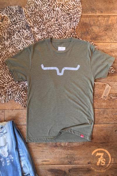 The Kimes - Kimes Ranch horns logo graphic t-shirt.Rustic grey on tri-blend olive.Red tab Kimes ...