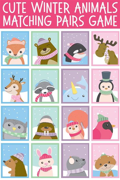Winter Animal Matching Pairs Game. Free Printable Memory Cards. | Winter games kids, Matching ...