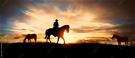 A silhouette of a cowboy and horse at sunset Stock Illustration | Adobe Stock