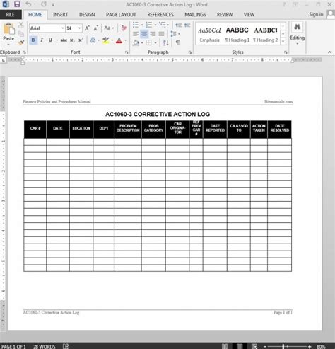 Corrective Action Log Template