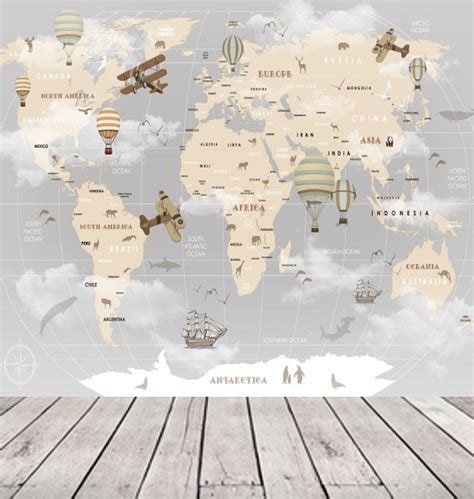 Cartoon World Map Nursery Wallpaper Mural Kids Map Removable - Etsy