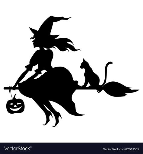 Vector illustrations of silhouette witch with hat on broom fly and cat. Download a Free Preview ...