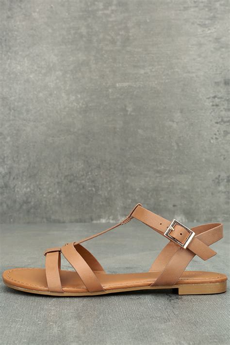 Cute Tan Flat Sandals - Strappy Tan Sandals - Vegan Leather Sandals ...