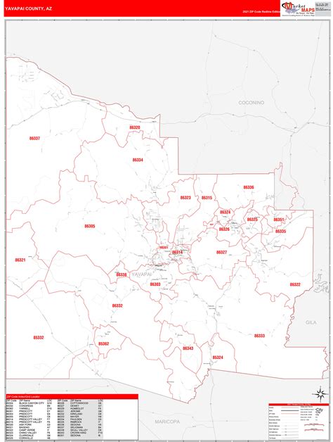 Yavapai County, AZ Zip Code Wall Map Red Line Style by MarketMAPS ...