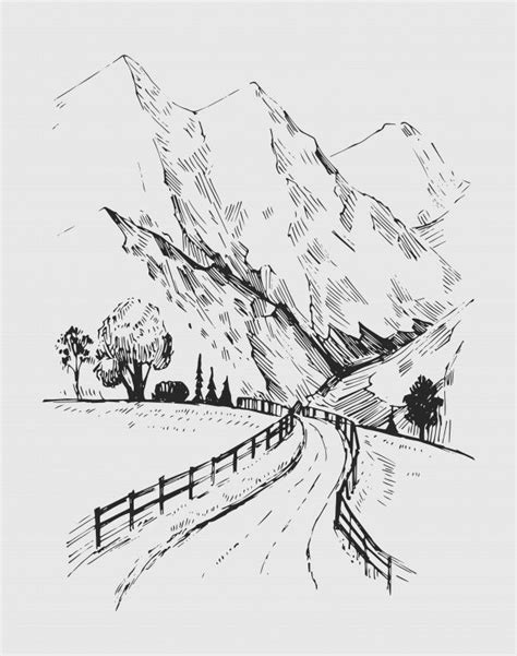 Premium Vector | Sketch of a landscape with a road and mountains. hand ...