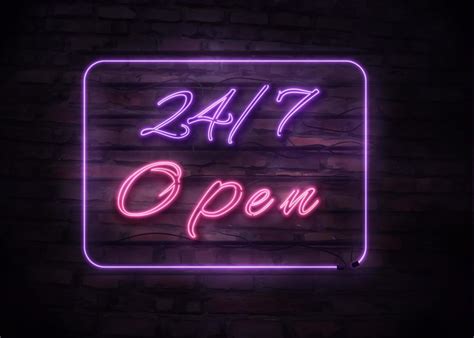 Neon Open 24 7 sign on brick wall background. 7740918 Vector Art at Vecteezy