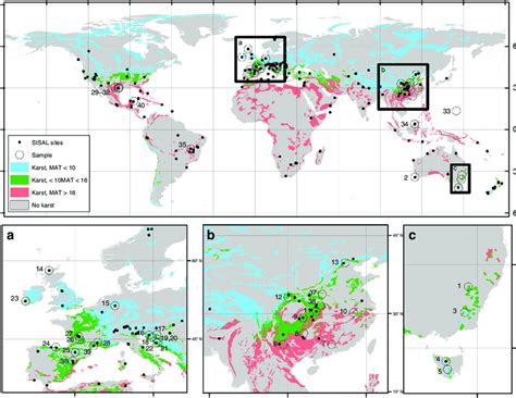 Global map of sample sites, karst regions, surface temperature and... | Download Scientific Diagram