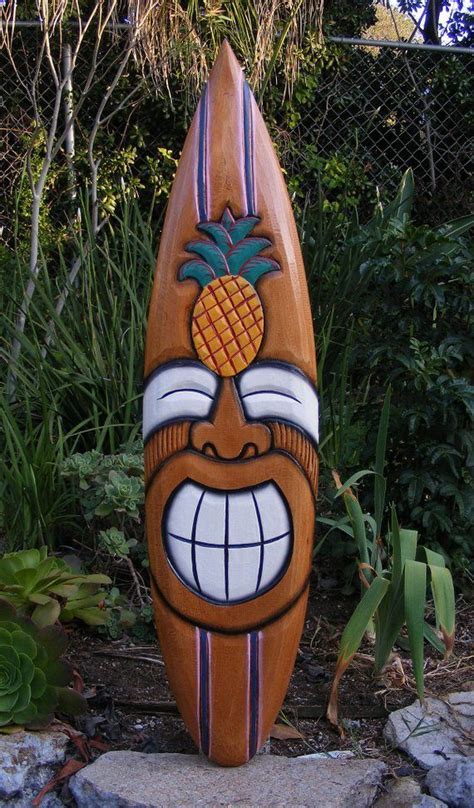 Happy Tiki Mask Pineapple Tropical Wood Surfboard Wall Plaque Tiki Bar 40" | Tiki statues, Tiki ...