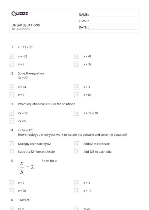 50+ Linear Equations worksheets for 7th Grade on Quizizz | Free & Printable