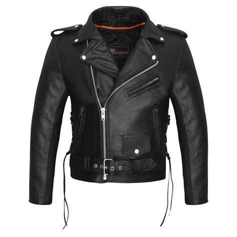 Men's Premium Classic Police Style Motorcycle Black Leather Jacket w ...