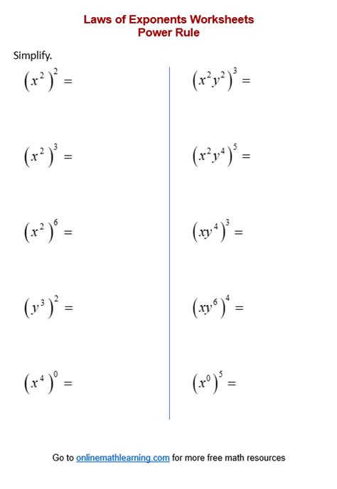 Power Rule of Exponents Worksheets (printable, online, answers, examples)