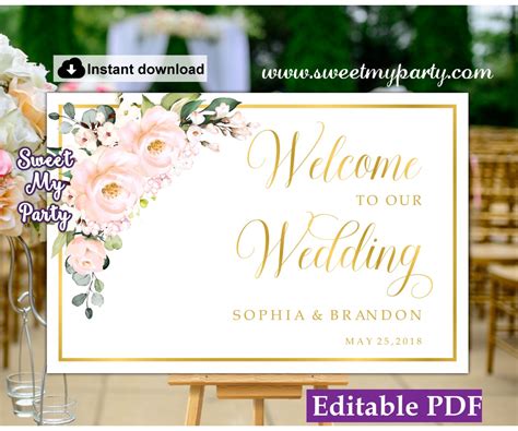 Blush Roses Welcome sign template printable|Blush Flowers Wedding welcome sign template|Blush ...