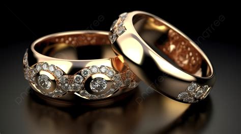 Gold Marriage Rings With Diamonds On A Black Background, 3d Illustration Of Two Wedding Rings ...