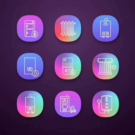 Heating app icons set. UI UX interface. Boilers, radiators, water heaters. Gas, electric, solid ...