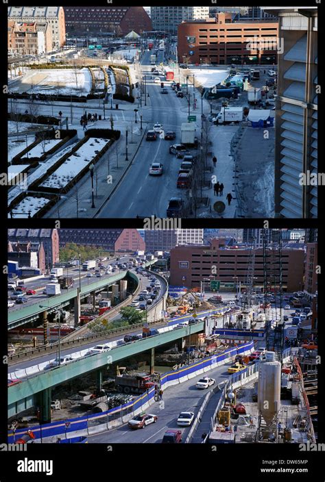 Composite image, Boston, before and after the Central Artery was moved to tunnels under the city ...