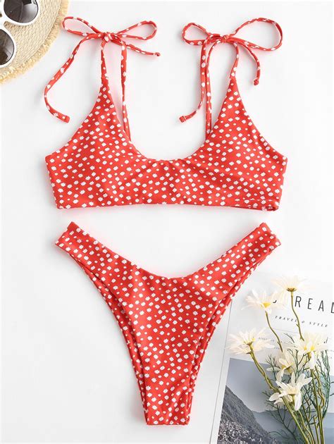 [39% OFF] 2021 ZAFUL Ditsy Print Tie Shoulder High Leg Bikini Swimwear ...