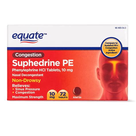 Equate Maximum Strength Congestion Suphedrine PE Nasal Decongestant Tablets 10mg, 72 Count ...