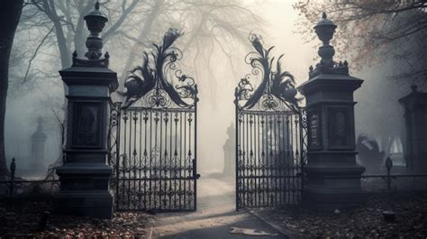 Premium Photo | A dark, spooky, creepy, graveyard with a gate and the words " the gate " on it.