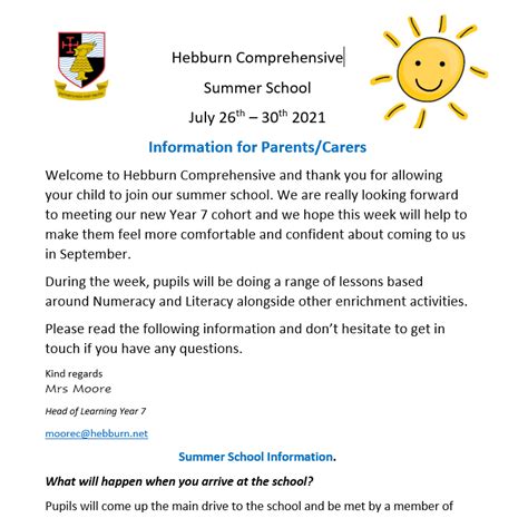 Information for Parents/Carers who have children attending Summer School 19.7.21 - Hebburn ...