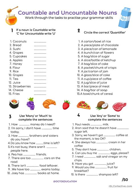 Countable and Uncountable Nouns: English ESL worksheets pdf & doc