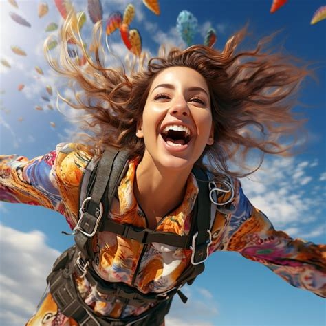 Premium AI Image | Happy girl parachutist on free fall blue sky Ai ...