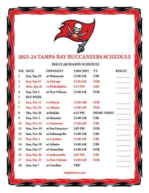 Printable 2023-2024 Tampa Bay Buccaneers Schedule