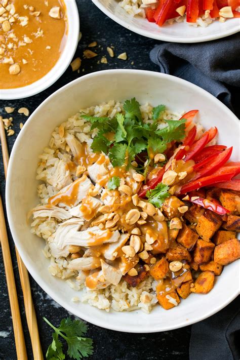 Chicken Bowls (Veggie Brown Rice and Peanut Sauce) - Cooking Classy