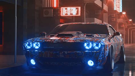 Download Dodge Challenger Demon 4K Neon Headlights Wallpaper | Wallpapers.com