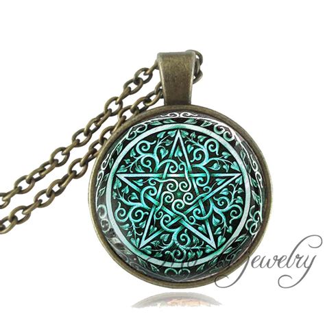 Vintage Magic Pentagram Pendant Bronze/Silver Chain Pentacle Necklace Women Glass Dome Pentagram ...