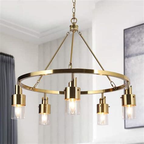 Zevni Coluse 5-Light Modern Brass Gold Round Chandelier, Transitional Adjustable Hanging Pendant ...