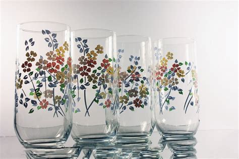 Everyday Drinking Glasses, 12 Ounce, Pink Blue Green, Floral Pattern, Set of 4, Tumblers