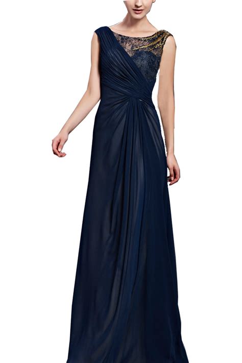 Sleeveless Midnight Blue Chiffon Evening Dress with Lace (30106) - weddingdress-elliotclairelondon