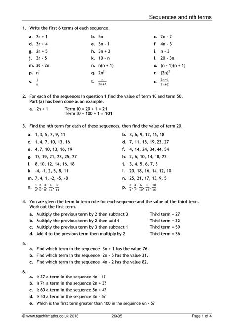 Arithmetic Sequence Answer Sheet