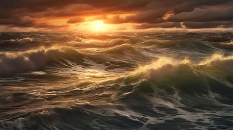 Premium AI Image | A sunset over the ocean with waves crashing on the shore