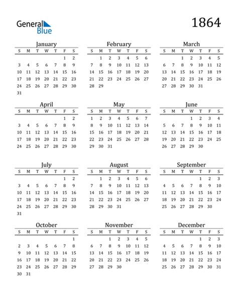 1864 Calendar (PDF, Word, Excel)