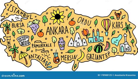 Colored Hand Drawn Doodle Turkey Map. Turkish City Names Lettering And ...