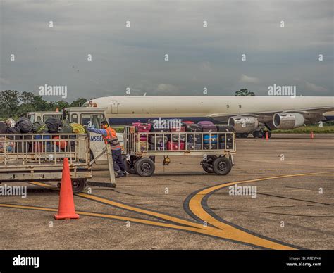 Iquitos, Peru - December 07, 2018: Luggage is waiting to be loaded onto ...