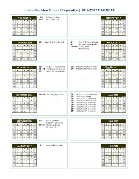 2016 - 2017 School Calendar | Linton-Stockton School Corporation ...