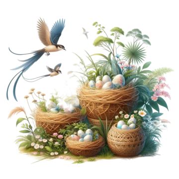 Cartoon Easter Egg In The Nests With Birds, Cartoon Egg, Nest, Bird Nest PNG Transparent Image ...