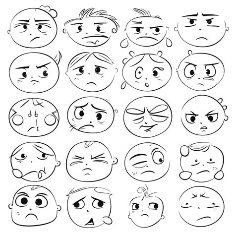 Drawn Set Of Cartoon Emotions With Expressions Outline Sketch Drawing ...