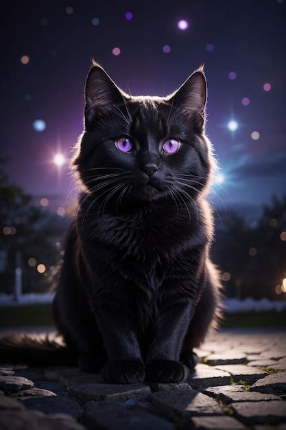 Premium AI Image | a black cat with purple eyes sits on a sidewalk in front of a full moon.