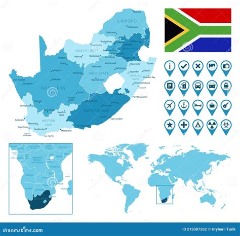 South Africa Detailed Administrative Blue Map with Country Flag and Location on the World Map ...